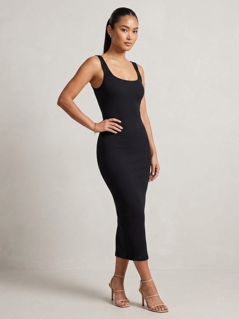 Zara Black Scoop Neck Midi Bodycon Dress
